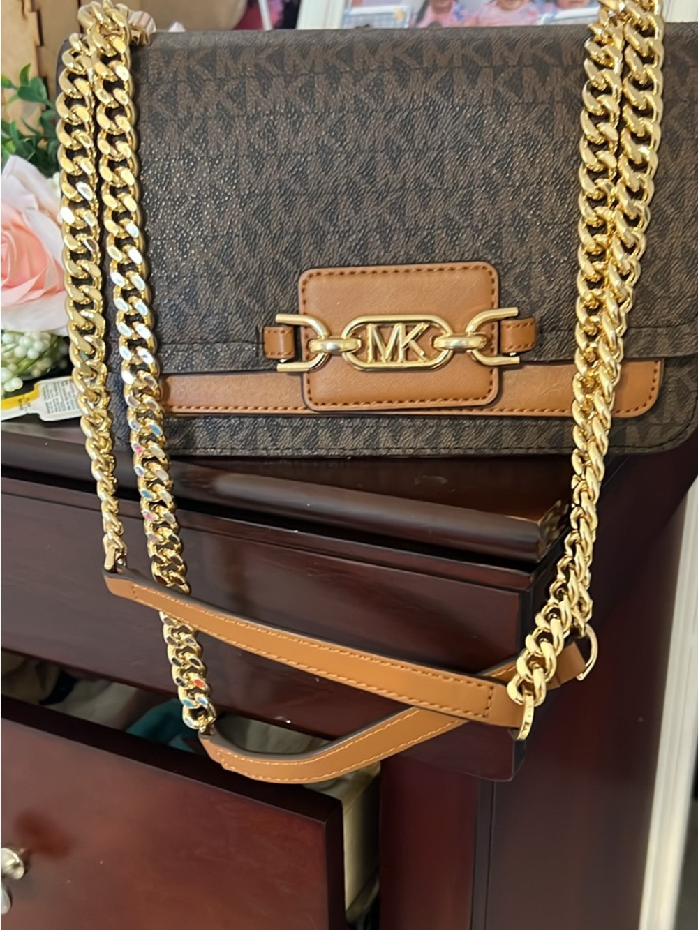 Michael Kors Brown Monogram Shoulder Bag with Tan Trim and Gold Chain